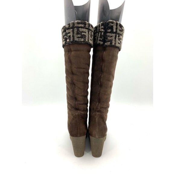 Fendi Womens Suede Wedge High Boots With Logo Cuff Brown Size 35.5 Made In Italy - Picture 4 of 6